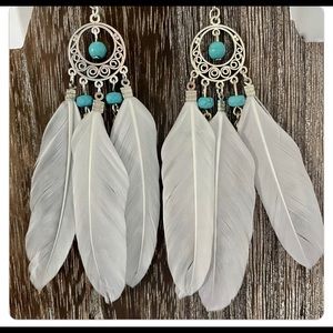 Indian Turquoise Boho  White Feather Fringe Earrings